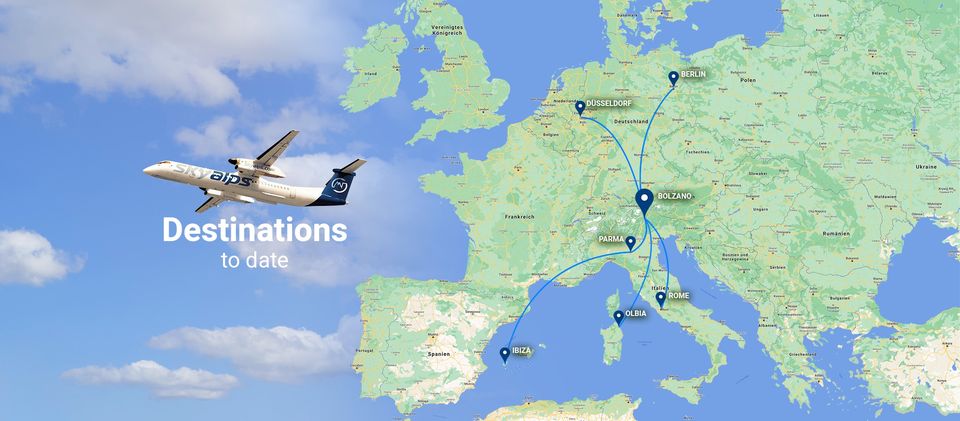 Destinationen vom Flughafen Bozen Sommer 2021: Berlin, Düsseldorf, Rom, Ibiza und Olbia